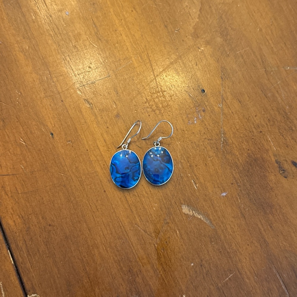 Blue Paua Shell Oval Drop Earrings